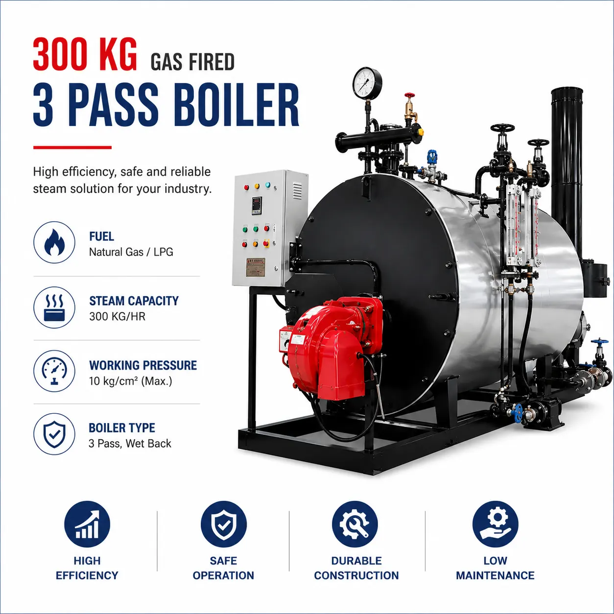 300 KG:HR Gas Fired 3 Pass Steam Boiler